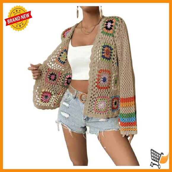 Floral Crochet Cardigan Open Front Long Sleeve Lightweight Sweater - Picture 4 of 7